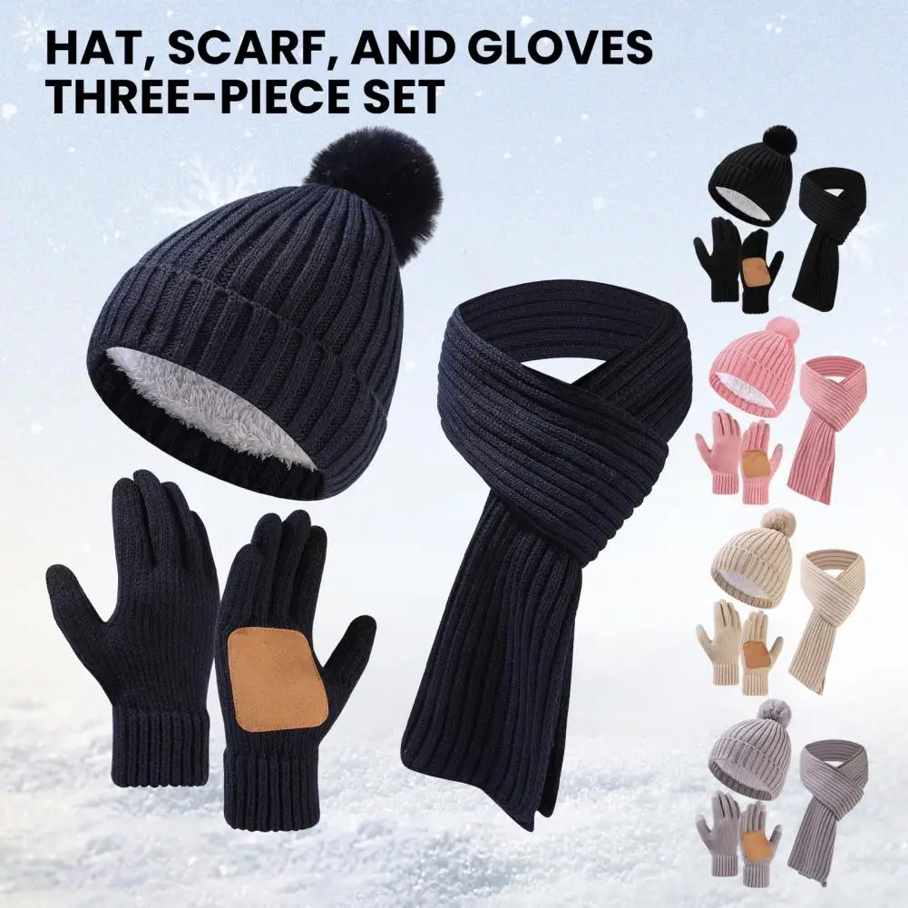 Knitting Hat Scarf Gloves Set 3pcs Winter Hat Scarf Gloves Set Thickened Plush Lining Knitted Long Warm Scarf for Weather