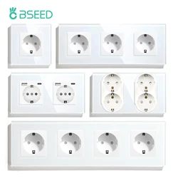 BSEED EU Wall Socket With USB Double Glass Sockets Triple Electric Sockets Type-C Fast Charging Ports Power Outlet 16A White