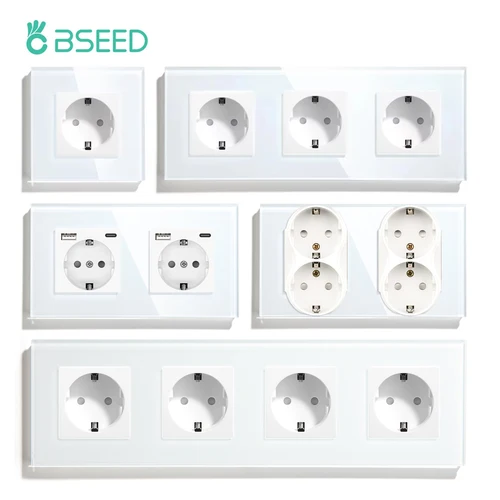 BSEED USB 이중 유리 소켓이 있는 EU 벽 소켓, 트리플 전기 소켓, C 타입 고속 충전 포트, 전원 콘센트 16A, 흰색 