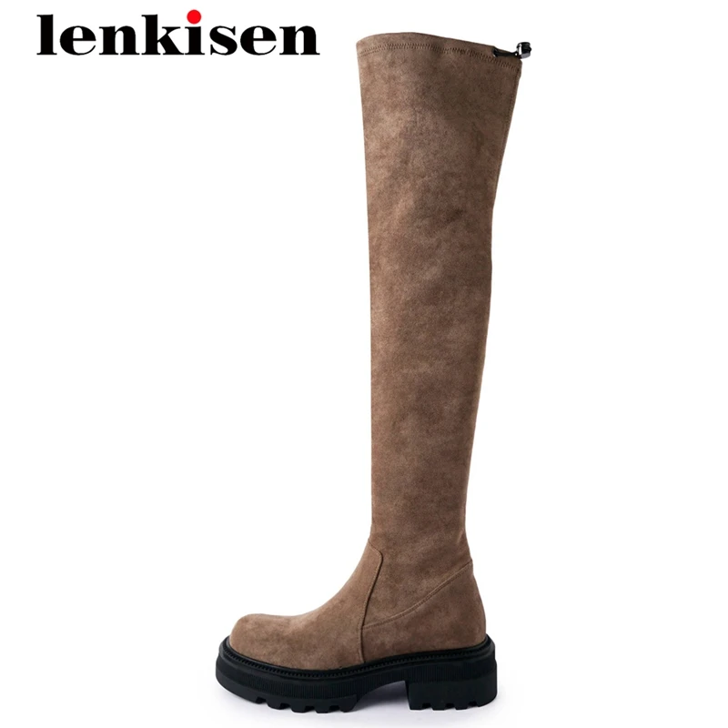 

Lenkisen High Quality Round Toe Stretch Boots Internet Star Keep Warm Med Heels Evening Party Sexy Slip on Over-the-knee Boots