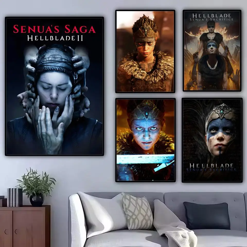 Póster de lienzo de caligrafía con pintura de Senua's S-Saga H-Hellblade II, resistente al agua y duradero, decoración de pared Ideal para cada espacio