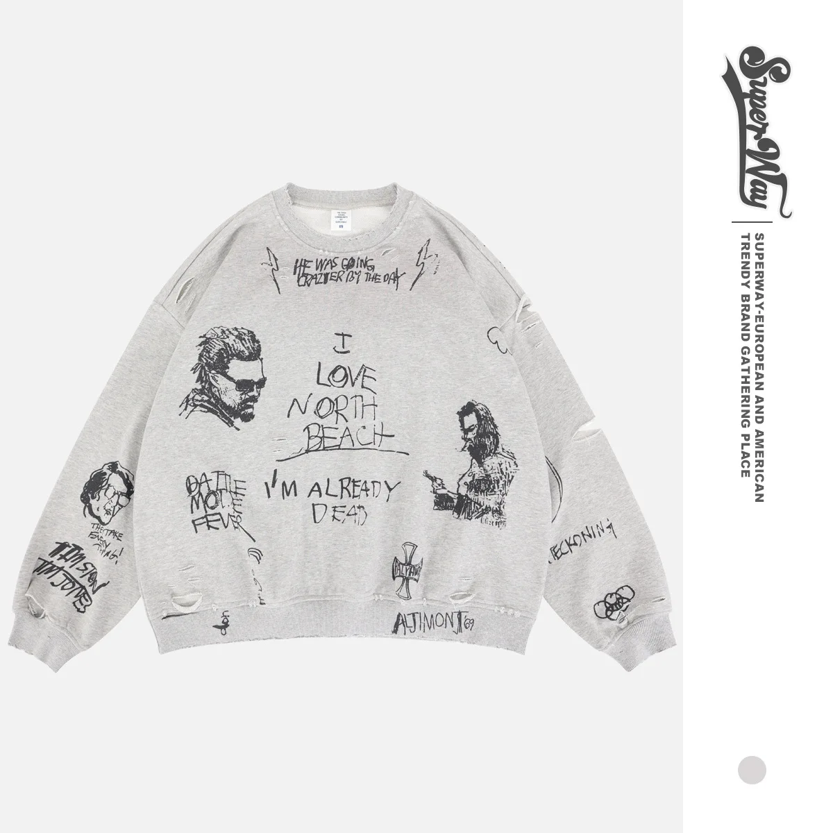 

Мужские толстовки Super Way, винтажный свитер с круглым вырезом, матовый хлопок, свободный крой, разрушение в американском стиле F519 #