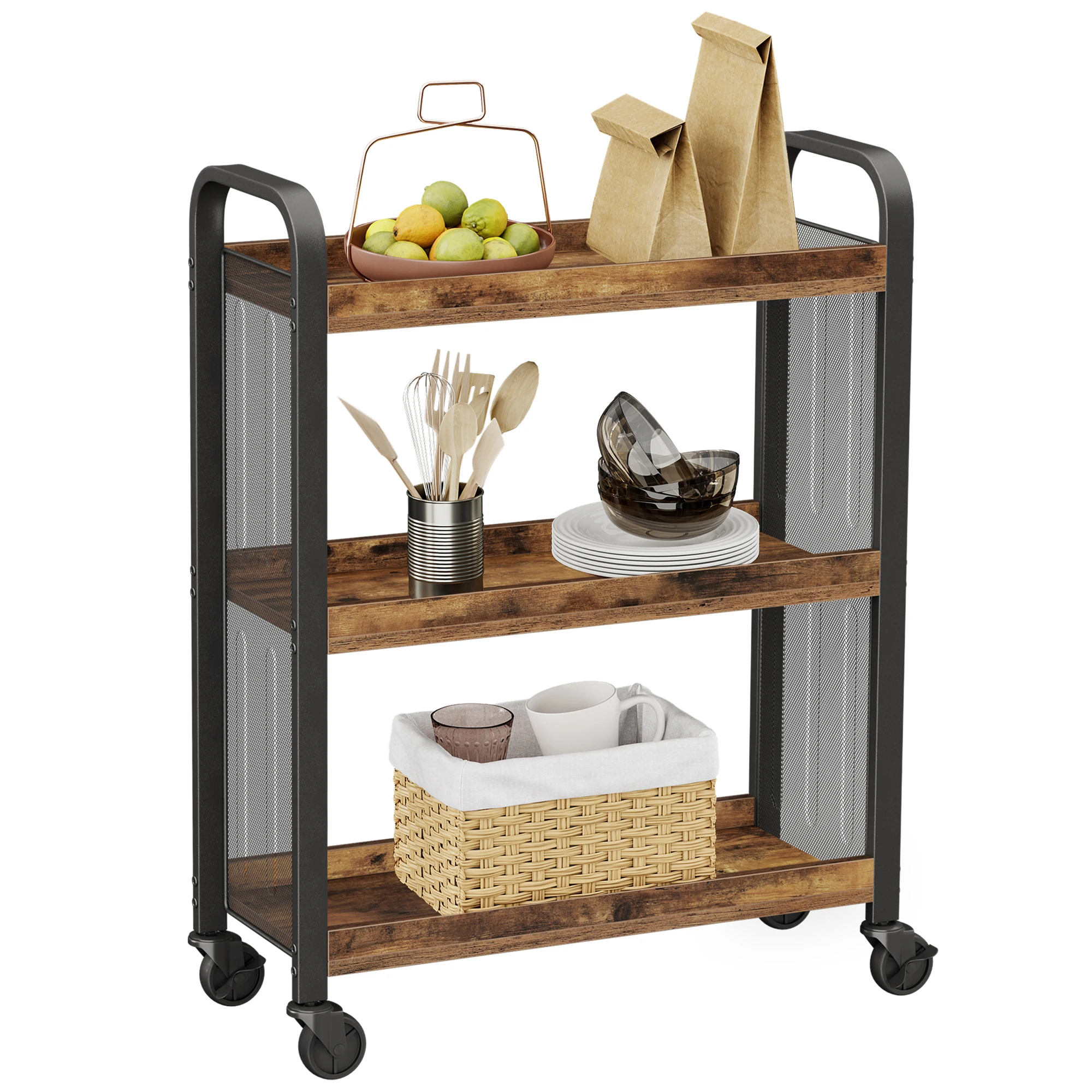 

VASAGLE 3-Tier Narrow Storage Cart, Rolling Cart with Wheels, Steel Frame, Slim Storage Cart for Kitchen, Dining Room