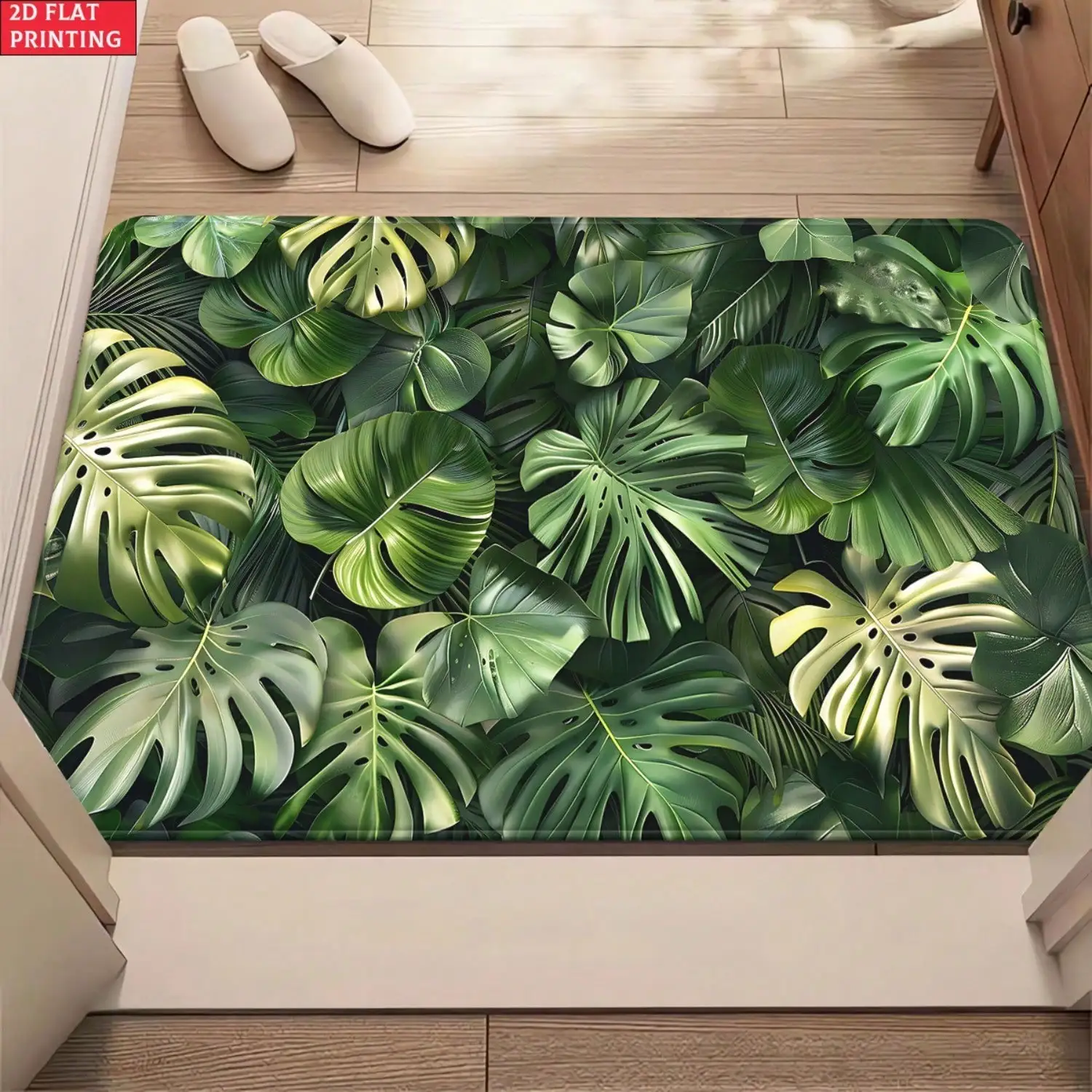A Single Piece Of 2D Flat Monstera Deliciosa Design Door Mats Made Of Material, Featuring A Non-Slip Surface Suitable For Bathrooms. This Microfiber Rug Is