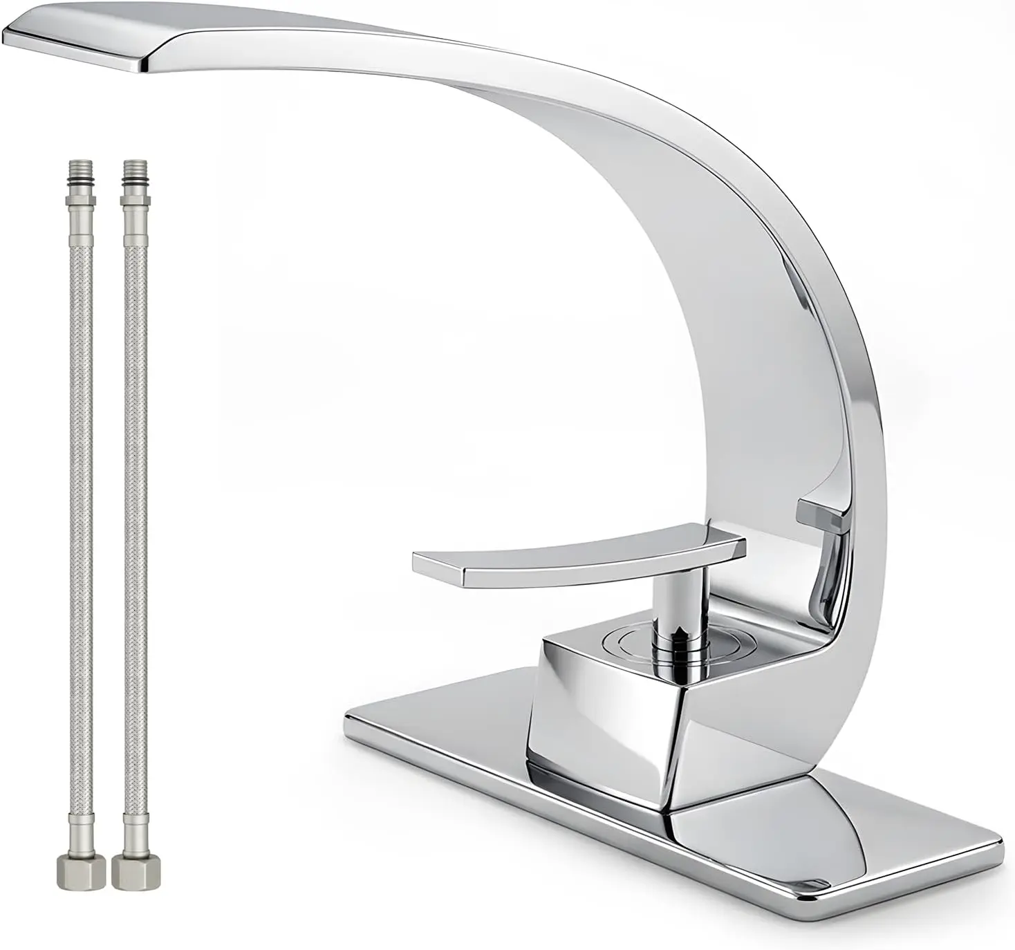 

Modern Single Hole Bathroom Sink Faucet, Chrome Solid Brass 1-Handle Curved Lavatory Mixer Tap