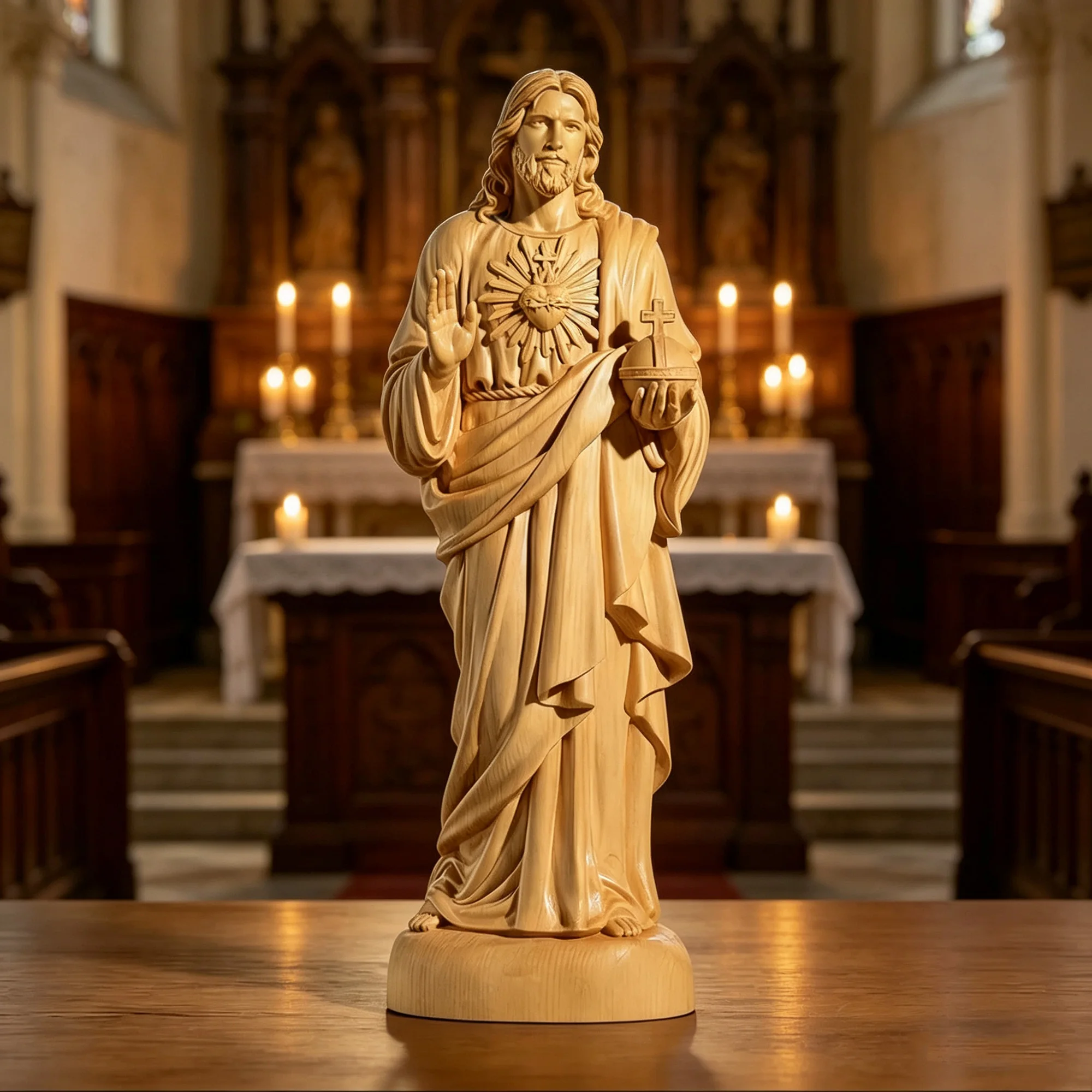Hand‑Carved Light Wood Jesus Christ Sacred Heart Statue Blessing Gesture Holding Sovereign Orb Religious Sculpture Believer Pray