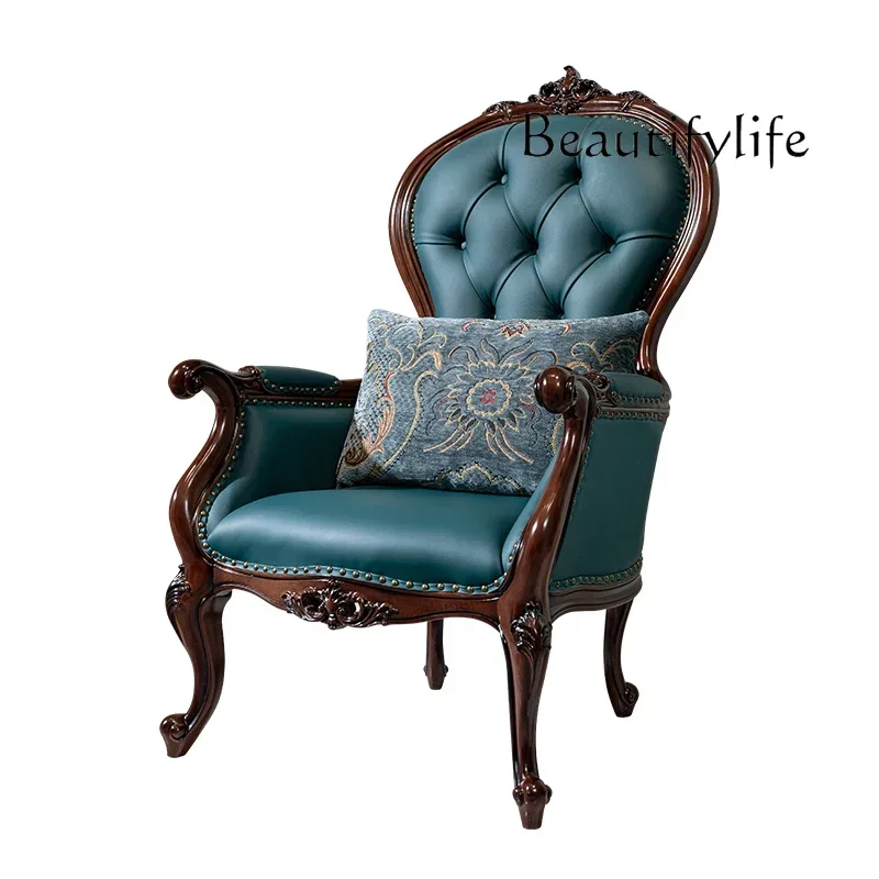 Leather Sofa Chair Solid Wood Small Round Few Retro First Layer Cowhide Casual Armrest Living Room Single ChairBJ