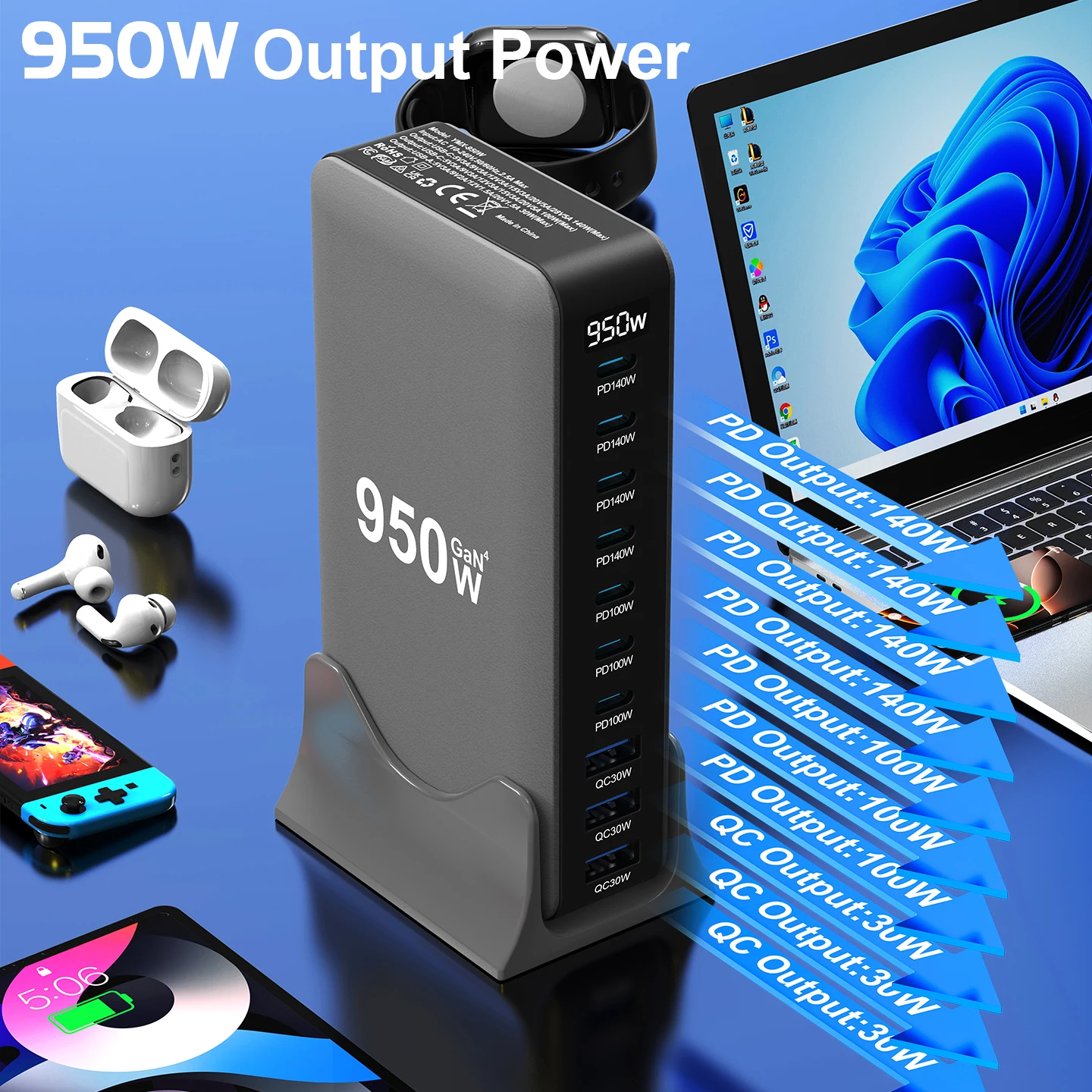 950 واط USB C GaN شاحن 100 واط PD3.0 PPS QC3.0 محطة شحن سريعة متعددة المنافذ لأجهزة الكمبيوتر المحمول آيفون سامسونج ماك بوك برو اللوحي #4