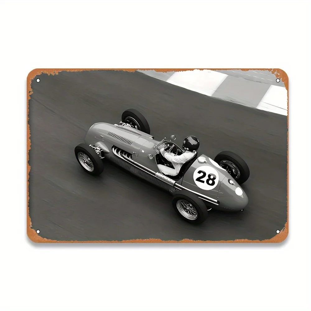 Vintage Racing Car Tin Sign - Retro Metal Wall Art Decor , Black & White Classic Race Design with Pre-Drilled Holes, No Electric
