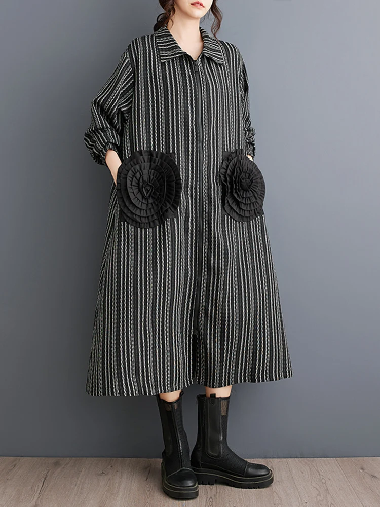 2025 Spring Autumn Oversized Vintage Stripe Long Trench Coat For Women Patchwork Floral Casual Loose Vintage Outerwear Cardigan