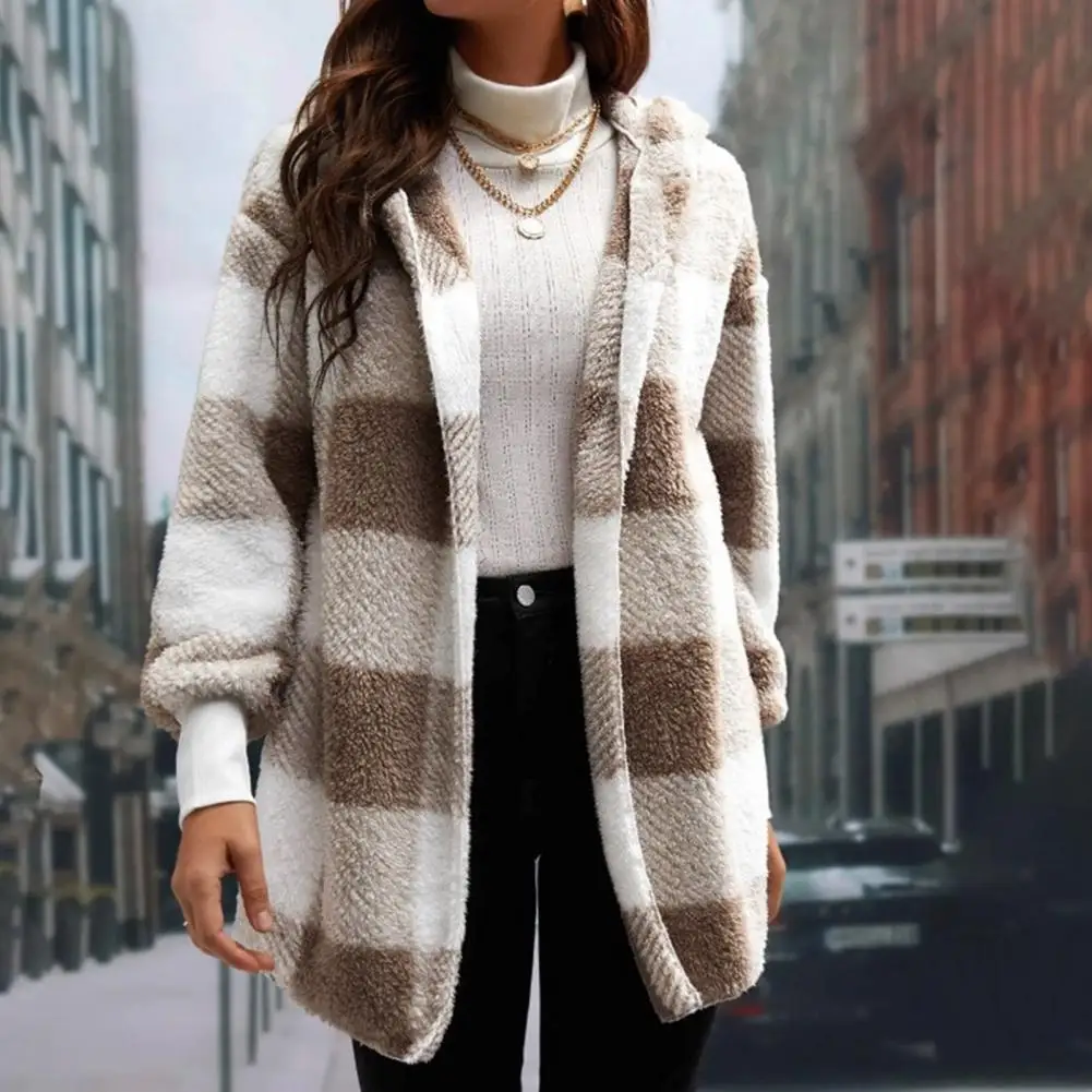 

Women Lightweight Coat Cozy Hooded Plaid Print Overcoat for Women Thick Knitted Fall Winter Coat with Elastic Cuff Mid Length