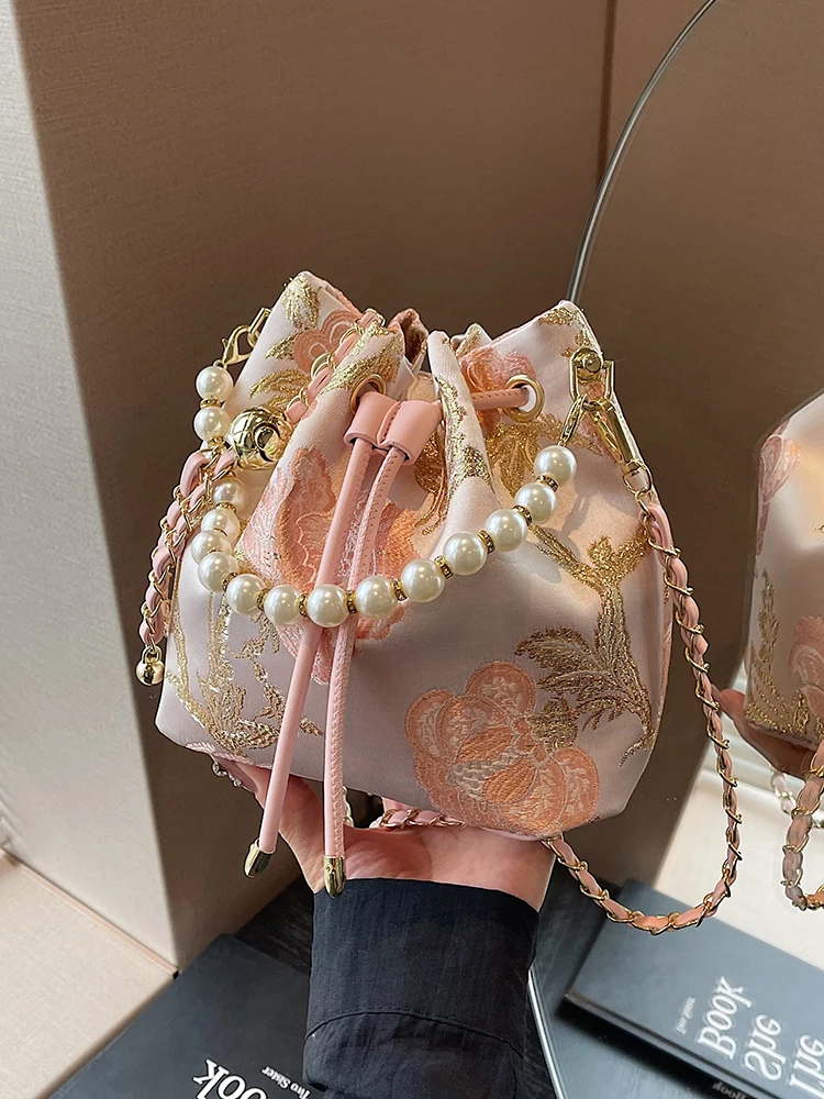 

New Chinese Style Bucket Bag Women's Fashionable Crossbody Shoulder Bag Summer Trendy Small Size Pure Color Hard Canvas Bag