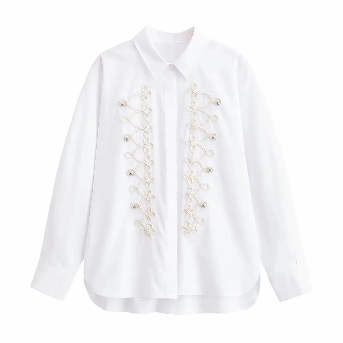 Damen Frühling Lässiges Weißes Popeline-Hemd Damen 2026 Langarm Revers Bluse mit Knotenverschluss Damen Sommer Lockere Pendler-Bluse – Detail 2