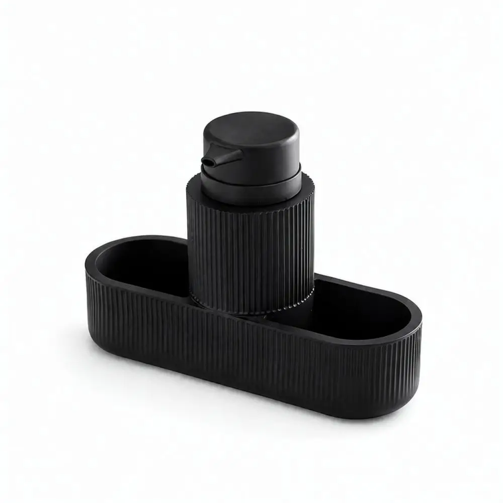 Black Resin Manual Soap Dispenser And Sponge Drain Rack Kitchen Sink Organizer Liquid Pump Dishwashing Storage Accessory
