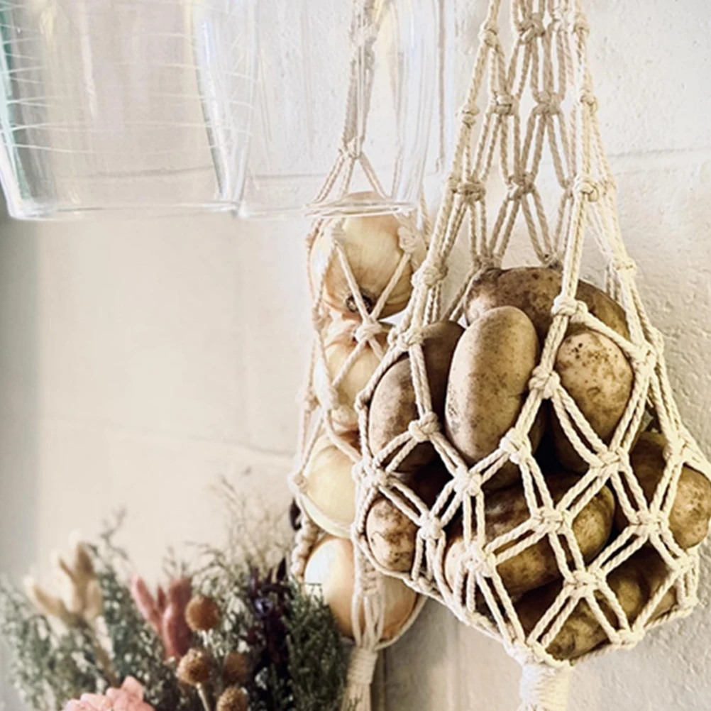 

Wall Hanging Basket Kitchen Storage Vegetable Potato Holder Woven Hanging Kitchen Baskets Space-Saving Macrame Fruit Hammock