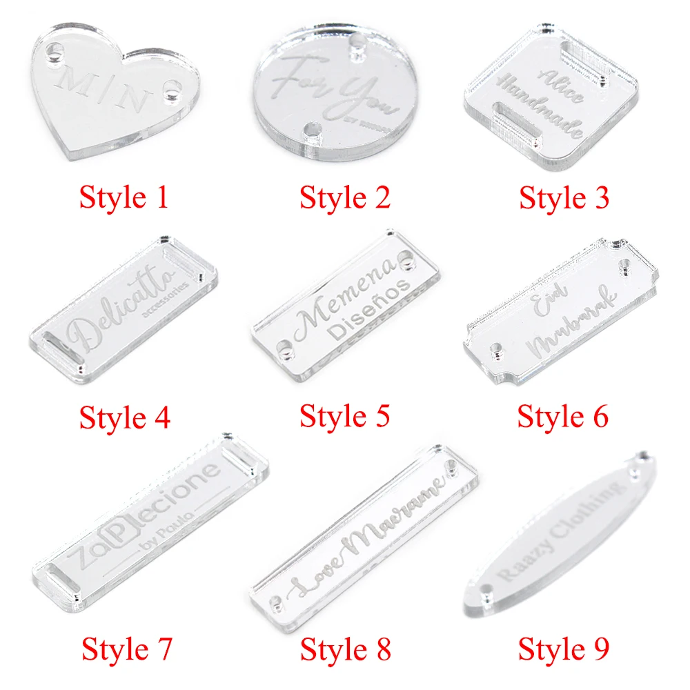 25 Personalized Engraved Silver Mirror Tag Sew On Ribbon Bow Many Shape Acrylic Label Custom LOGO Handmade Party Candy Box Decor