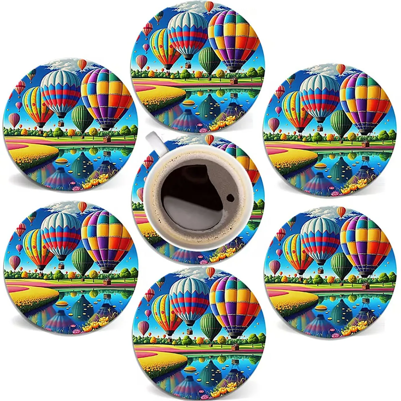 6Pcs Wooden Round Heat Insulation Drink Coasters Colorful Hot Air Balloon Landscape Pattern Tabletop Decor Gift