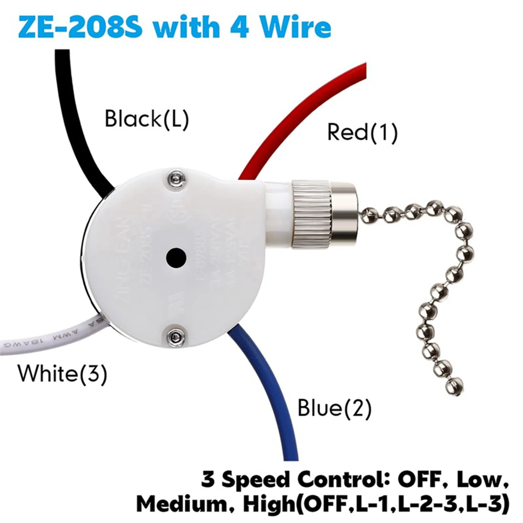 3 Pcs Ze-208S E89885 3 Speed 4 Wire Pull Chain Switch Ceiling Fan Light Switch Replacement Part,A