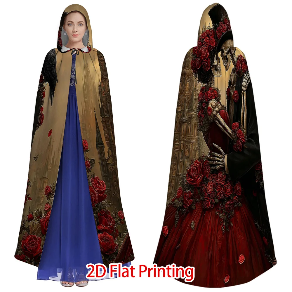 1pcs Day of the Dead Hooded Cloak Robe Spanish Tapestry Wearable Blanket with Skeletons Roses Print