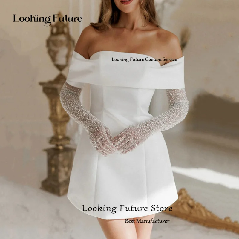Simple A-Line Mini Wedding Dresses Elegant Long Sleeves Pleat Pearls Strapless Sexy Backless with Lace Up Short Gowns Customized
