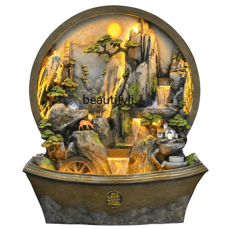 

Living room Chinese courtyard balcony feng shui wheel fish pond gold ingot landscape landscaping water wall ornament53