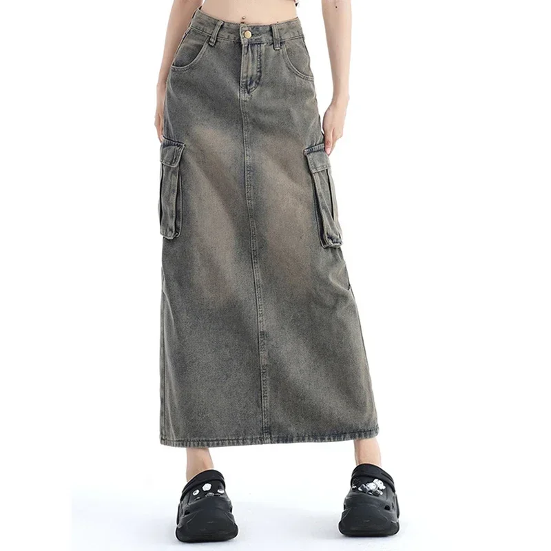 LIBIELIY Women New High Waist Harajuku Denim A Line Skirt Girls Korean 90s Casual Slit Long Dress Female Blue Y2k Cargo Skirts