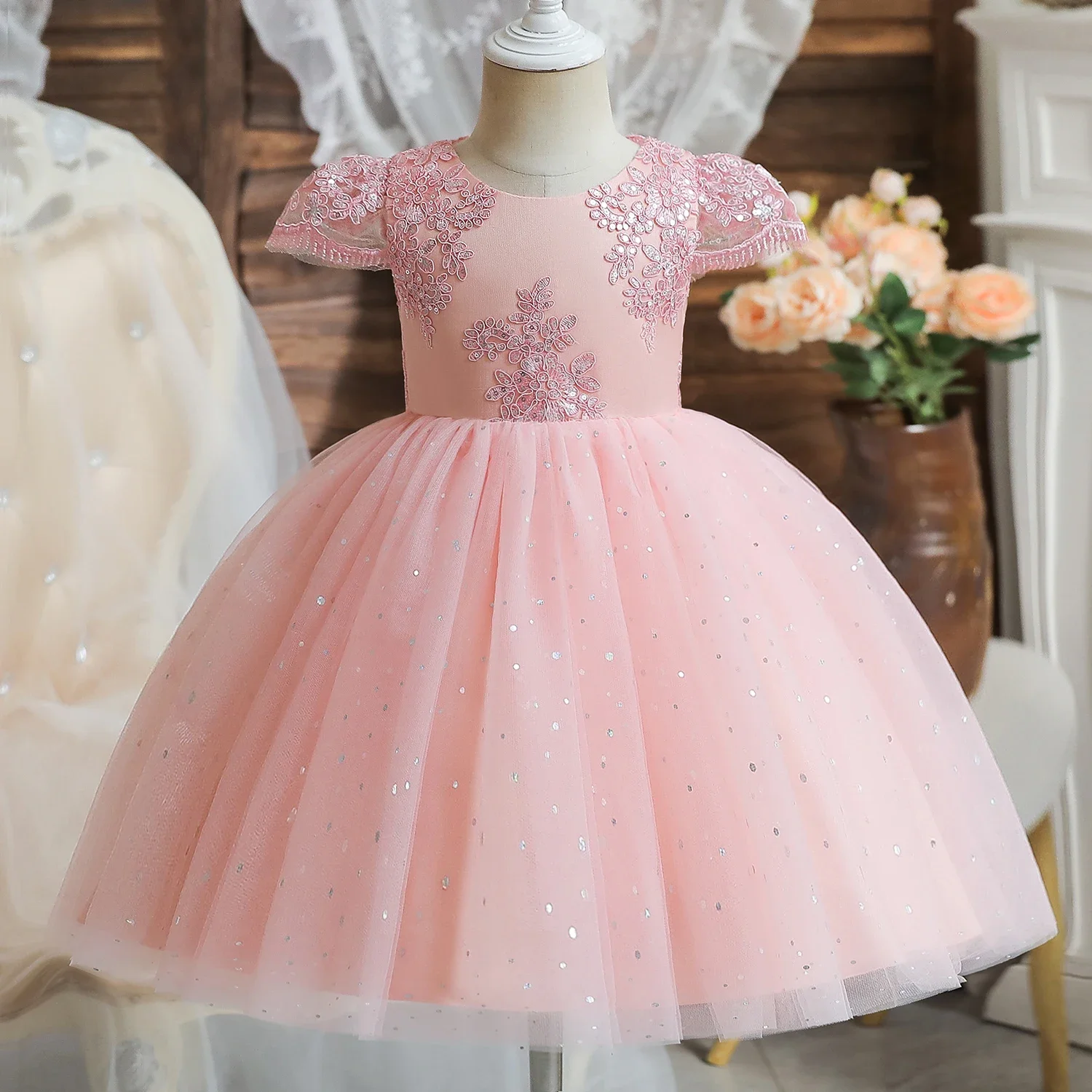 2024 Summer Sequin Big Bow Baby Girl Dress1st Birthday Party Dress For Girl Lace Embroidery Princess Evening Dresses Kid Clothes