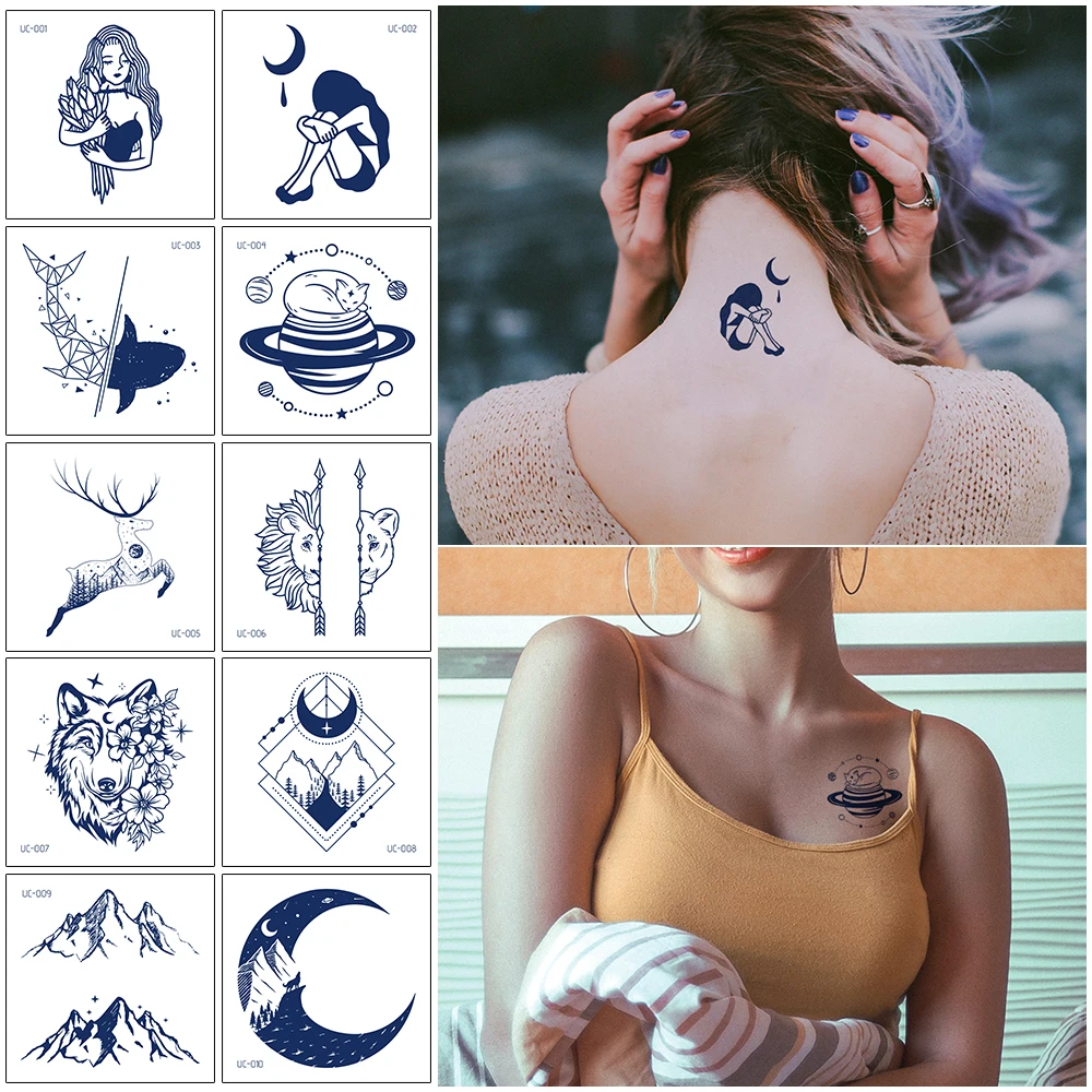 

1 Sheets Semi-Permanent Temporary Tattoo Stickers Dolphin Wolf Totem Moon Mountain Juice Ink Tattoos Body Art Fake Tattoo