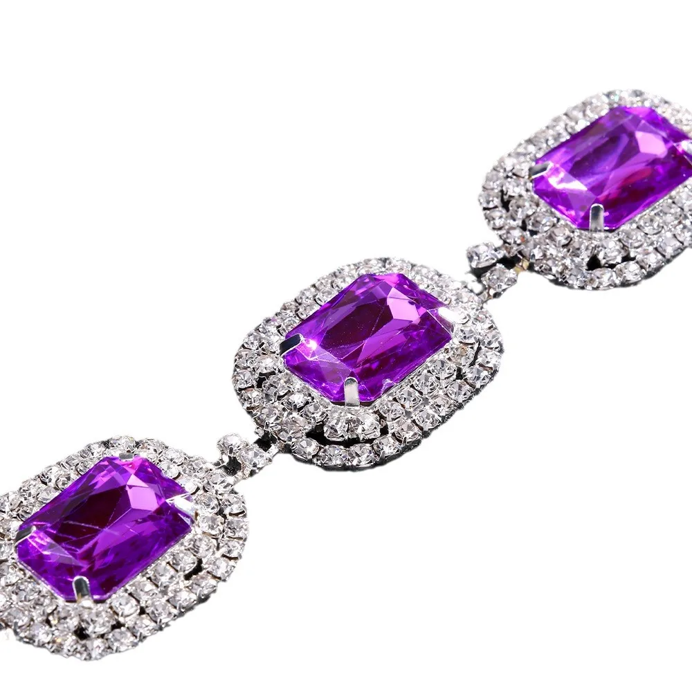 Purple Rhinestone Big Square Stone Choker Necklaces Earrings Sets For Women Vintage Gold Silver Color Bridal Wedding Jewelry Set