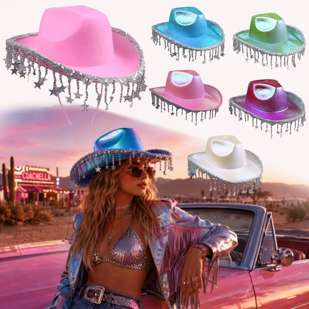 Bling Glitter Cowboy Hat Luminous LED Pearlescent Retro Cowboy Hat Pink Neon Light Western Hat Horseback Riding
