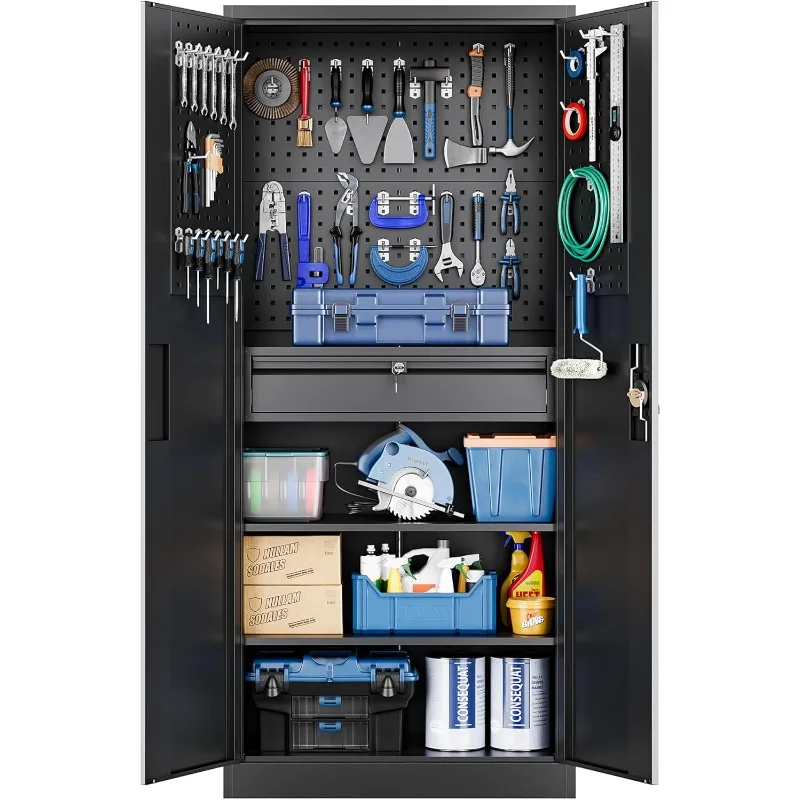 Yizosh Metal Garage Storage Cabinet Locking Doors and Drawers, Heavy Duty Steel Tool Cabinet with Pegboard,71