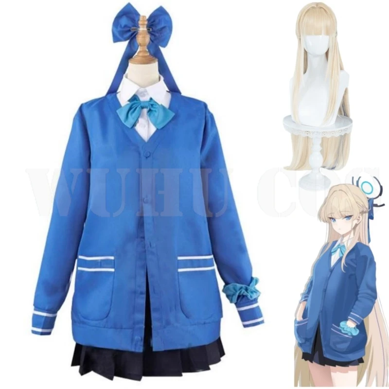 Costume de Cosplay Asuma Toki du Jeu Animé Blue Archive pour Femme, Perruque, Manteau Bleu, Uniforme JK, Jupe Sexy, Belle Tenue de Carnaval d'Halloween, Halo Trempé