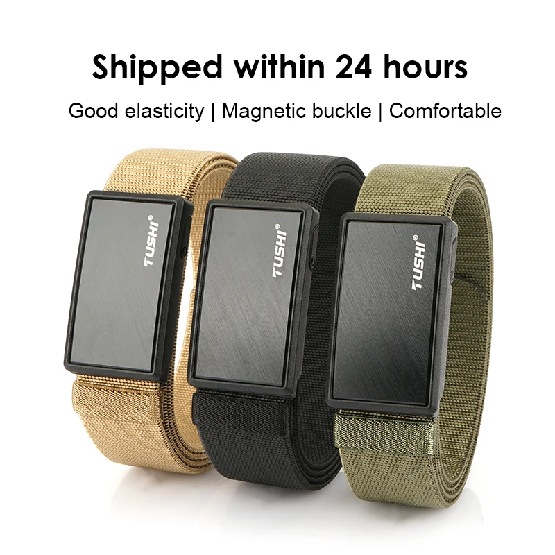 Magnetic Buckle Elastic Waistband for Men Zinc Alloy Buckle Quick Release Casual Belt Sturdy Nylon Adjustable Jeans Belt Male