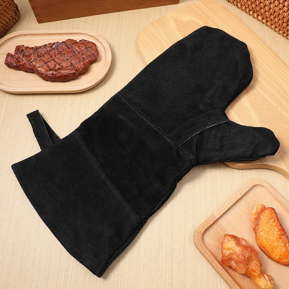 

2 Pcs Insulated BBQ Gloves Fire Fighter Cotton High Temperature Resistance Baking Barbecue Black Oven Mitts