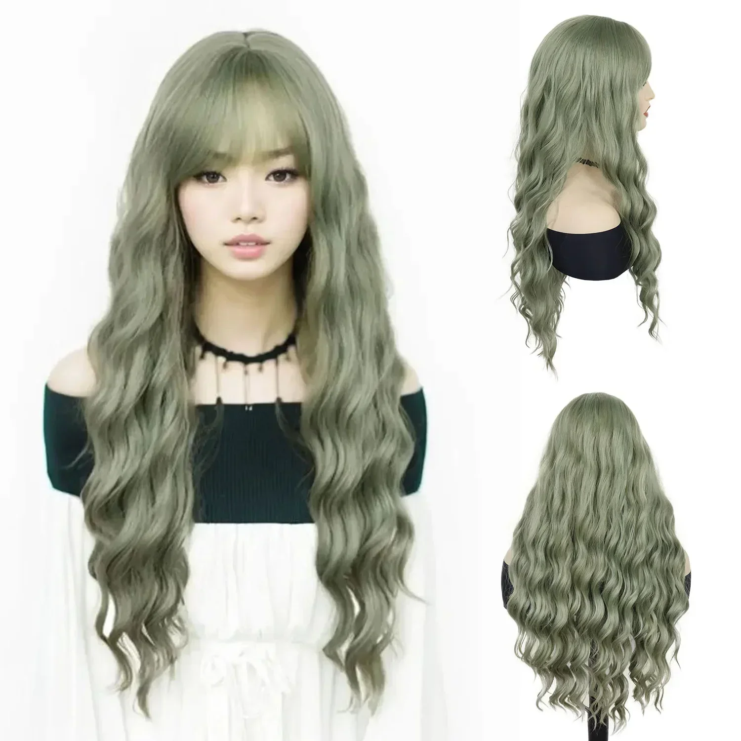 Synthetic Green Wigs Cosplay Long Water Wavy Wig with Bangs for Women Girls Halloween Wig Costume Carnival Party Christmas Use