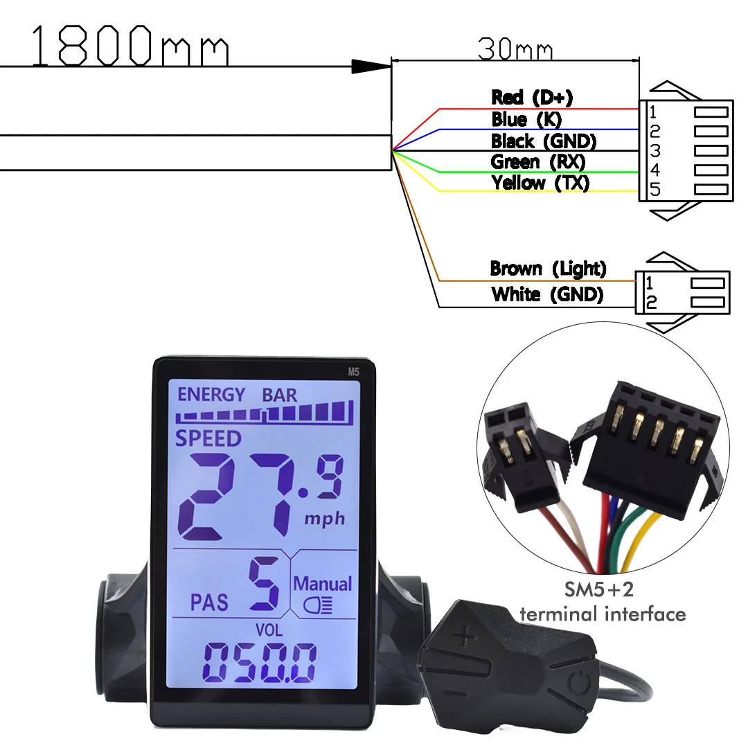 UART2 M5 24V 36V 48V elektrische fiets Kleurrijk display E-scooter LCD-paneel met USB UART voor elektrische bergfietsonderdelen (6PIN)