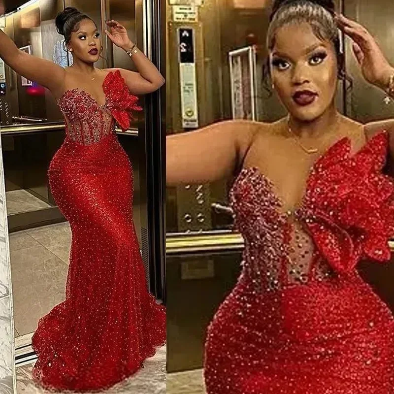 

Red Mermaid Pearls Corset Prom Dresses Long for Black Women 2025 Ruffle Formal Evening Party Gowns Customized