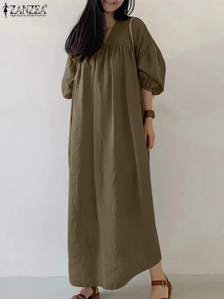 ZANZEA Women Causal Maxi Long Dress Femme Puff Sleeve Holiday Robe Fashion Summer Dress Vintage Loose Pleated Vestidos Oversize