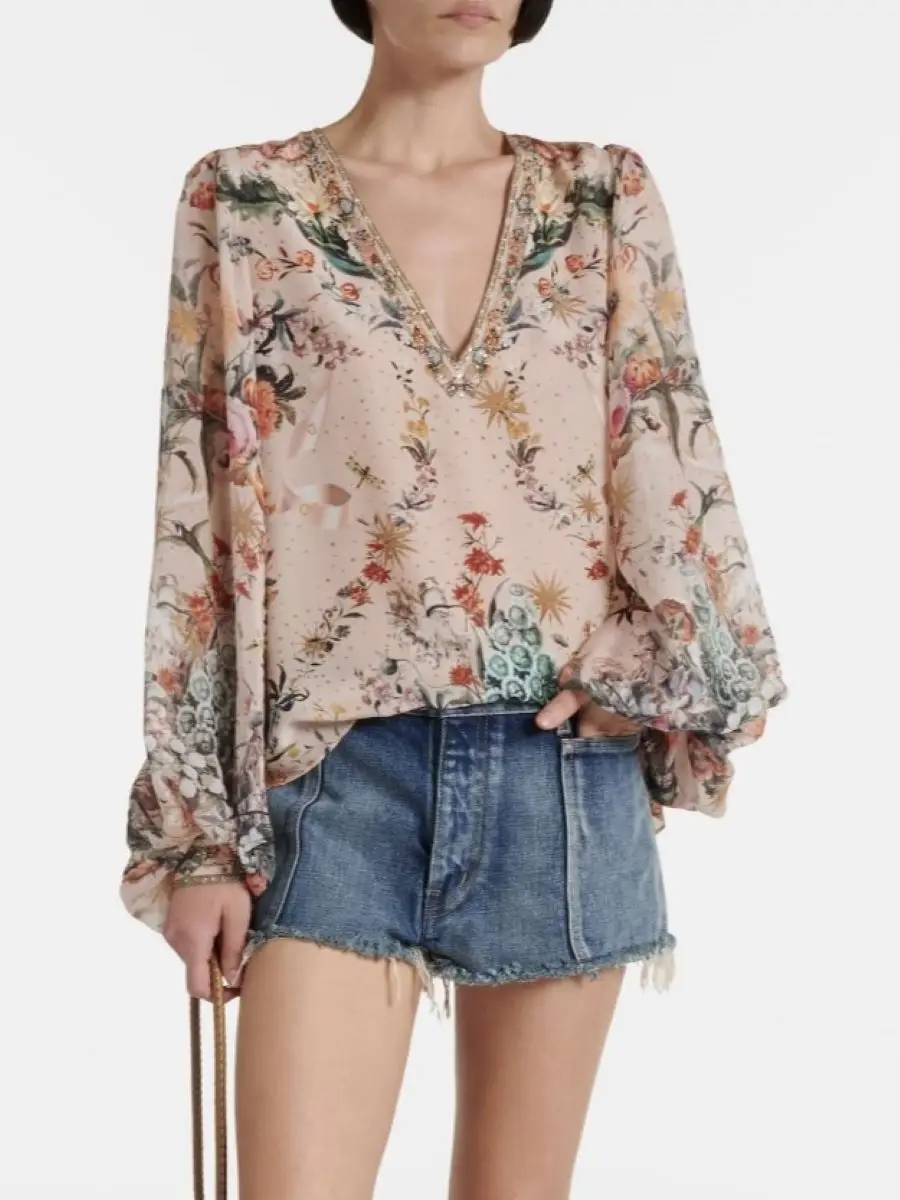 

Female Flower Print 100% Silk Blouse Top Crystal Beaded V-Neck Long Sleeve Casual Ladies Shirt