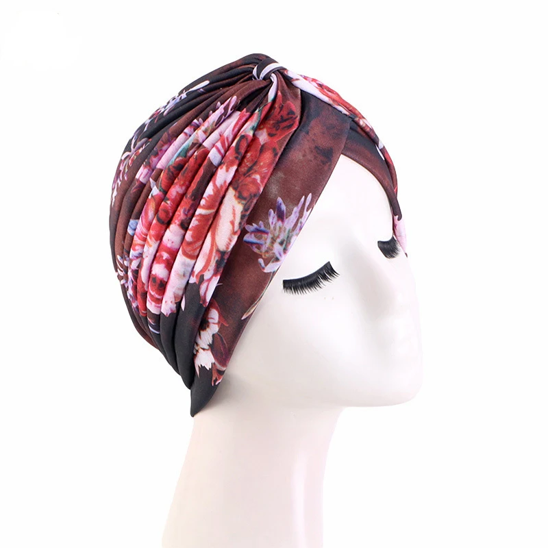 Women Ruffle Muslim Turban Print Flower Knot Headscarf Islamic Inner Hijab Caps Chemo Cap Hair Loss Pleated Head Wrap Turbante