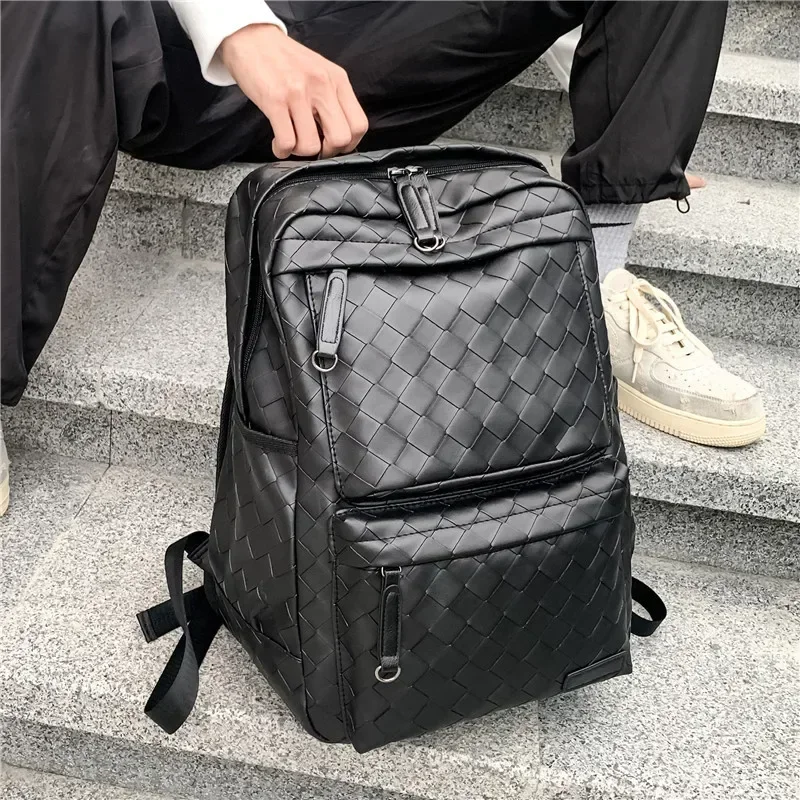 Solid Black Men\'S Backpack Weave Leather Travel Backpacks Male Waterproof School Backpack Women Large Capacity Laptop Bag