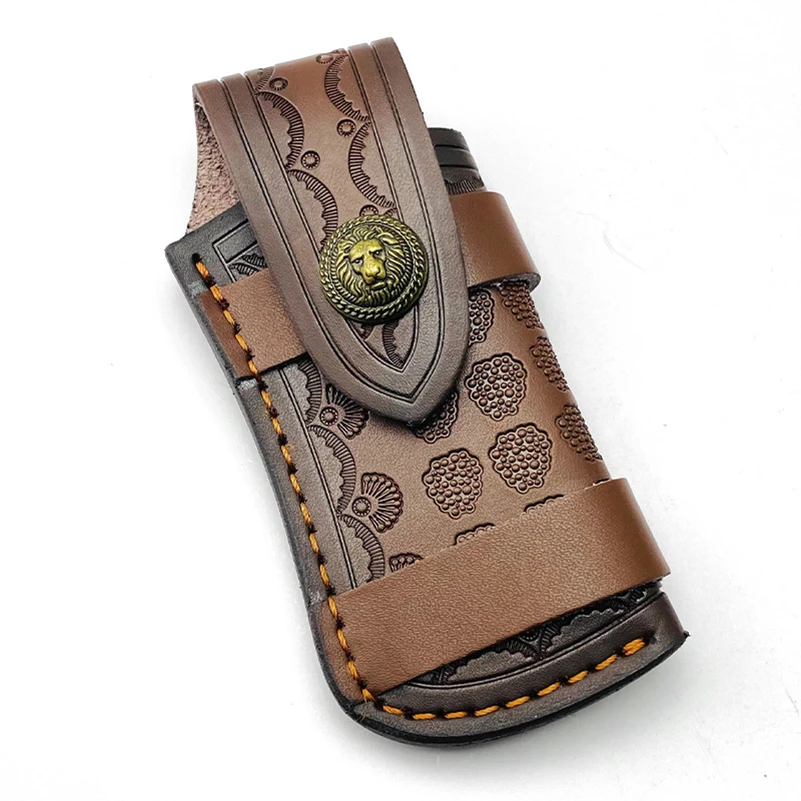 1pc Cowhide Leather Folding Knife Scabbard Sheath With Lion Brass Buckle Swiss Army Knives Pliers Tool Storage Bag Case Holder