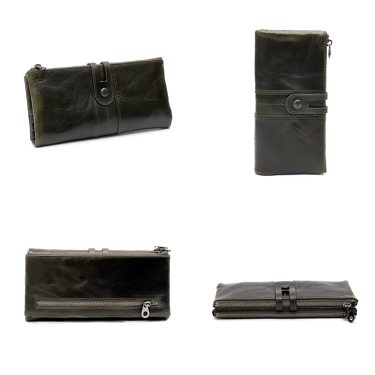 SC Real Oil Waxed Cowhide Leather Long Wallet Women Unisex Bifold RFID Multi Functional Card Holders Slots Coin Purse Fits Phone