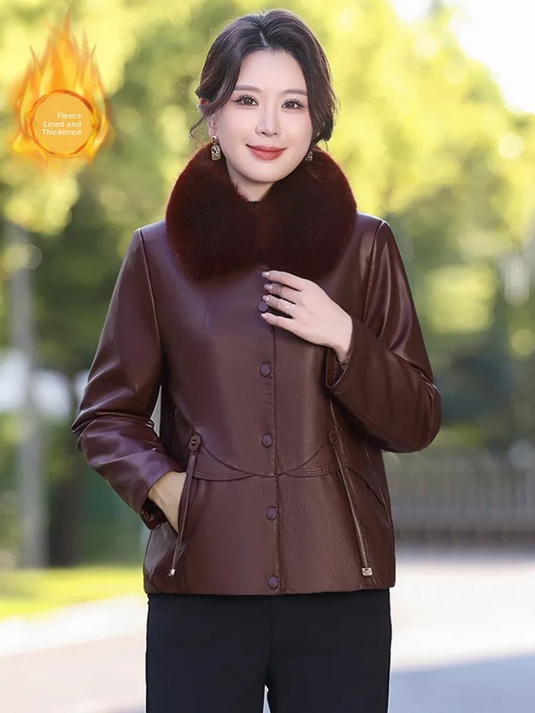 Manteau en cuir épais doublé polaire chaud pour femmes d'âge mûr – Tendance hiver, décontracté et confortable