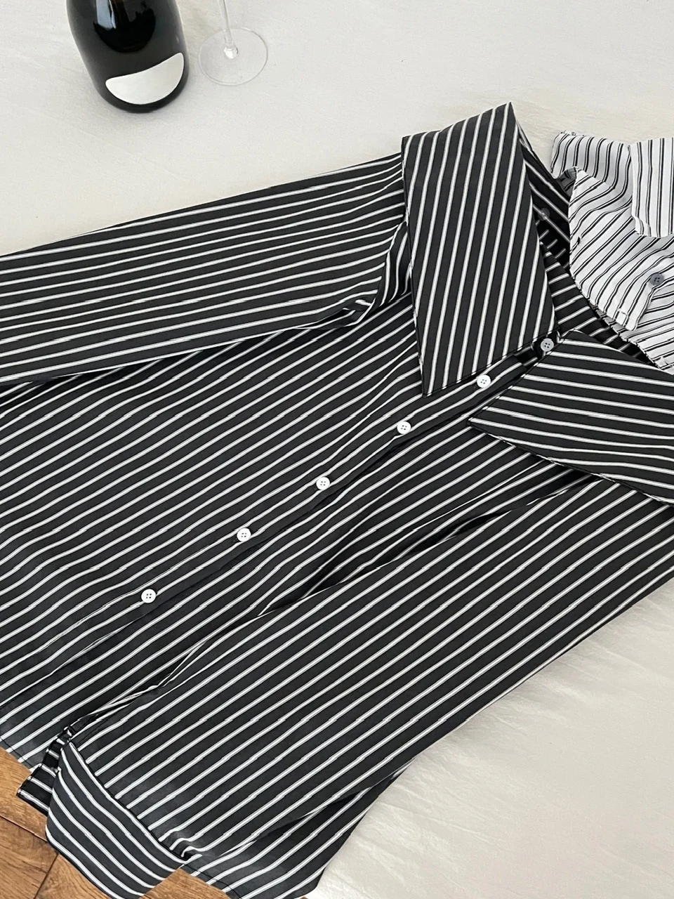 Casual Koreaanse Sle Loose Fit oulder Bared irt Dames verwijderbare patchwork verticale strepen Tweerichtingskleding Katoenmix