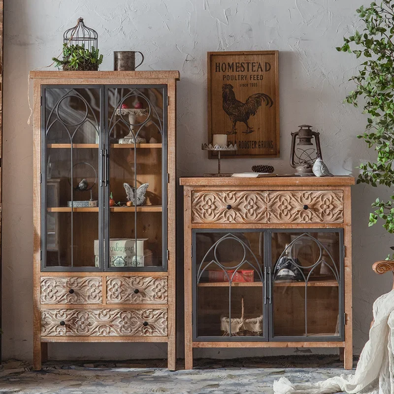 Solid wood carving flower retro cabinet American industrial windshield wine cabinet wrought iron three doors four doors storage