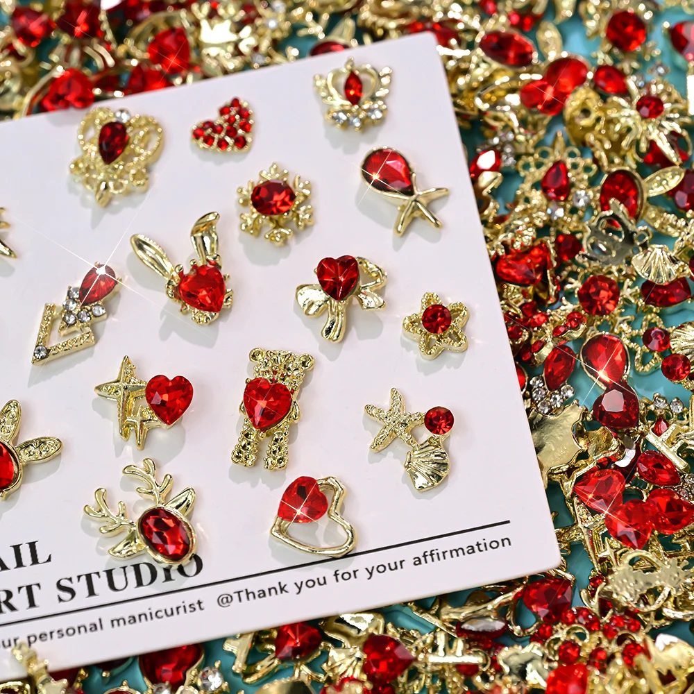 30PCS 3D Red Love Heart Crystal Nail Rhinestones Valentine's Day Luxury Gold Star Bunny Bear Heart Nail Decorations Nail Charms