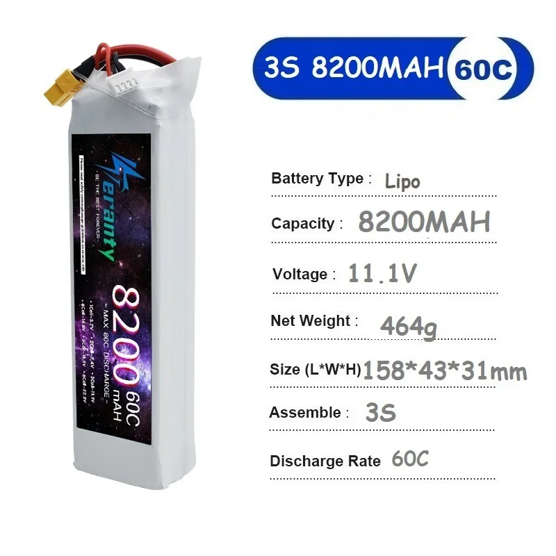 TERANTY 11.1v LiPo Battery for 3s 8200mAh 60C with XT60 Connector RC Vehicles Car Truck Tank Boat Truggy Buggy EC8 XT90 TRX T