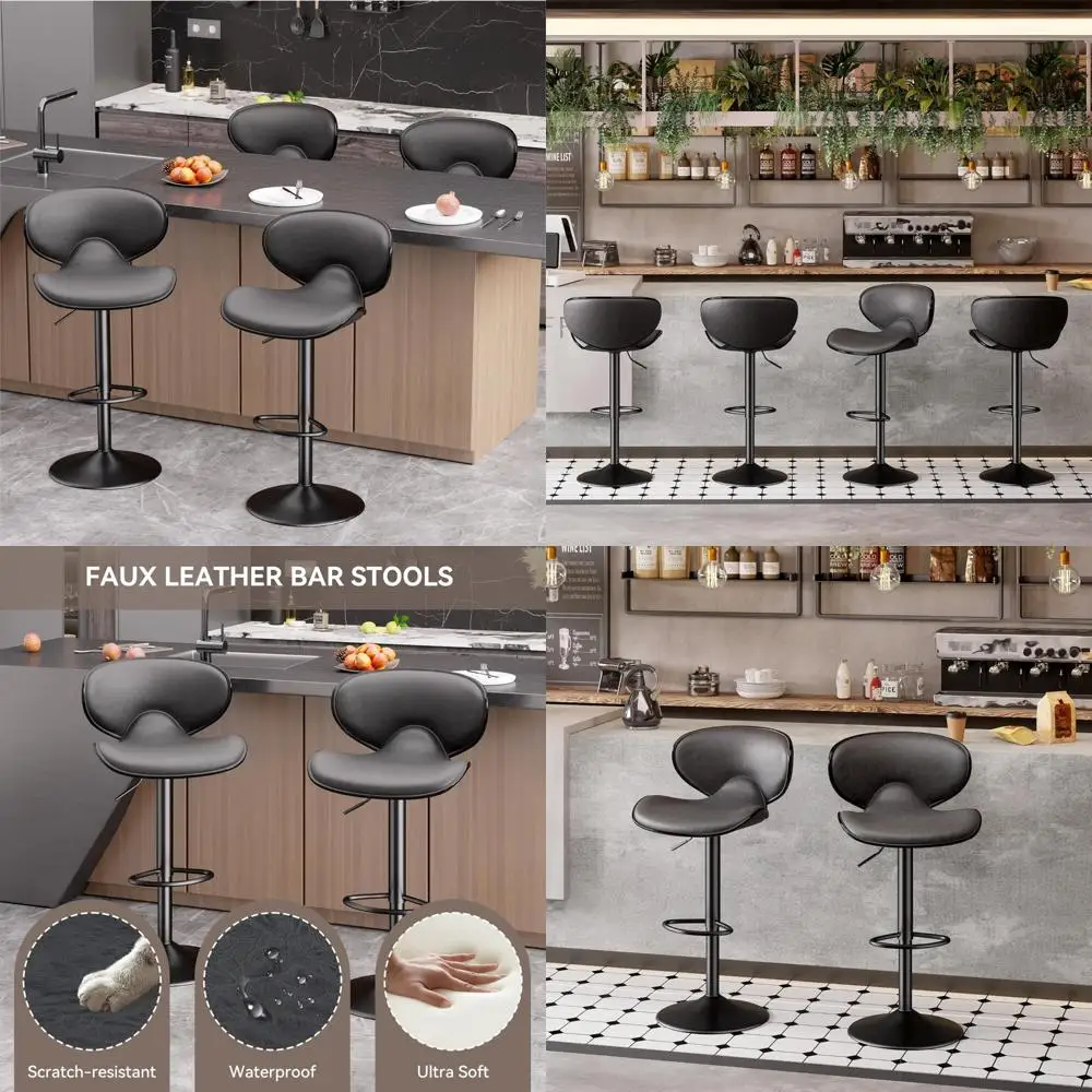 Set of 4 Swivel Faux Leather Bar Stools with Backrest and Footrest, Adjustable Counter Height Kitchen Stools