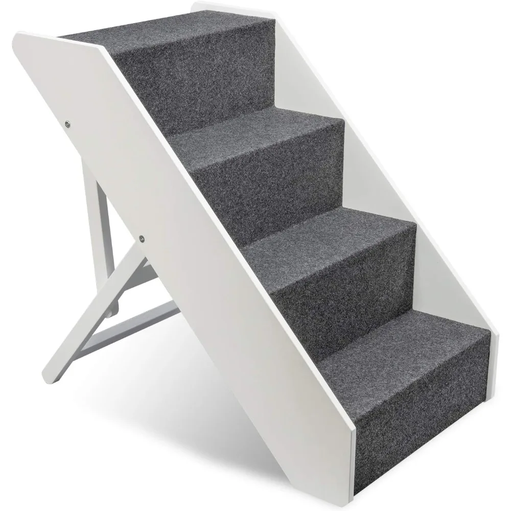 

Wood Dog Stairs, 4 Levels Height Adjustment Wide Pet Steps, Foldable, White